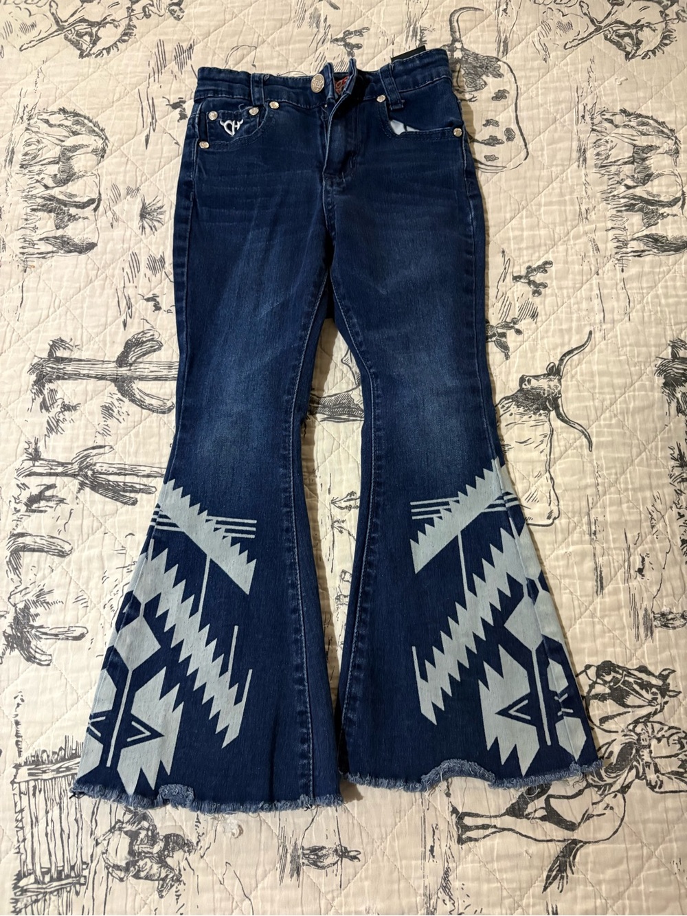 Dark Blue girls Flare Jeans with Geometric Print